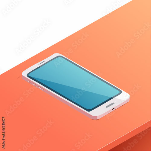Phone on desk. Modern vector realistic phone on bright coral background in perspective view. Realistic vector illustration isometric phone.