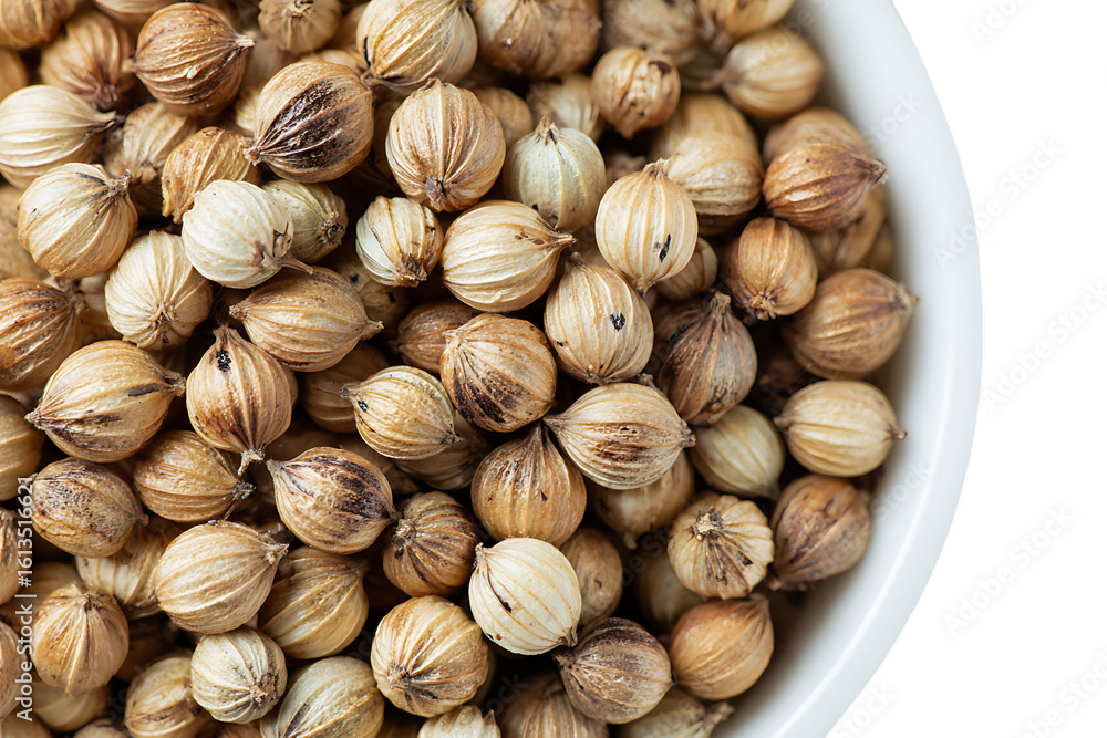 Close up of dried coriander seeds in a bowl. Close up of dried coriander seeds in a bowl.