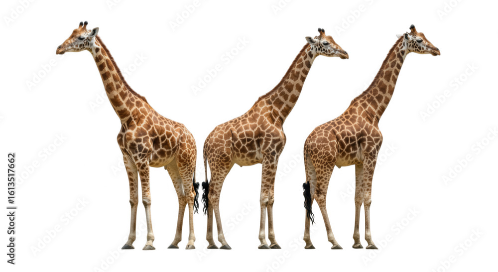 Obraz premium Three giraffes standing tall in a row isolated on transparent background