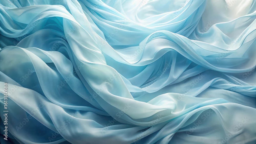 Fototapeta premium Fluid Drapery of Light Blue Silk Fabric, Softly Illuminated, Showing Elegant Waves and Gentle Undulations