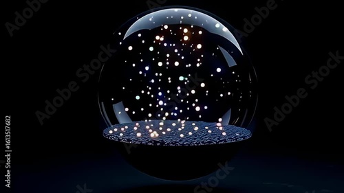 The camera pans in a slow arc, revealing a floating glass capsule filled with dancing fireflies, their soft, colorful lights pulsing in harmony, generating a delicate interplay of light and