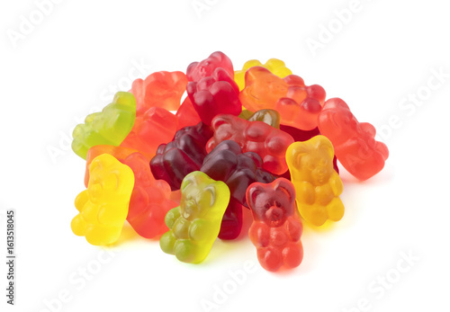 Sweet jelly gummy bears isolated on a white background. Colorful fruit gummy candies.