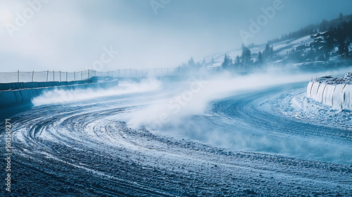 Winding snowy race track with billowing snow from high speed on a cold winter day in the mountains