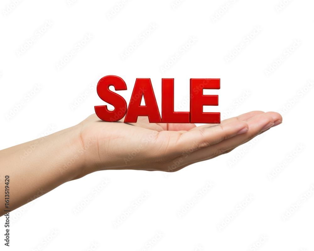 A hand presents the word sale isolated on a transparent background A hand presents the word sale isolated on a transparent background