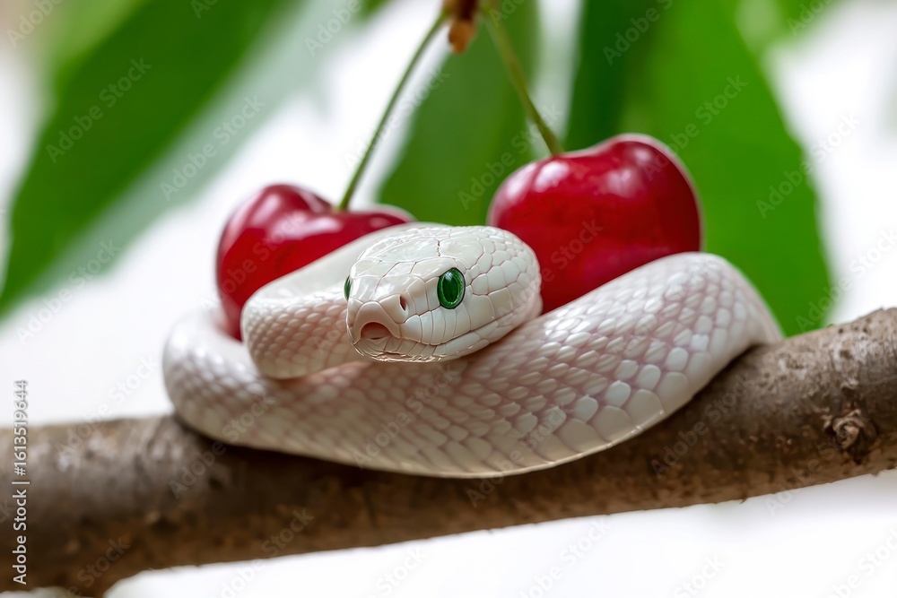 Fototapeta premium A white snake is coiled on a branch beside red cherries