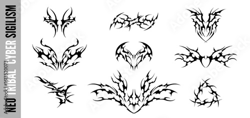 Set of vector neo-tribal ornaments in cyber-sigilism style.