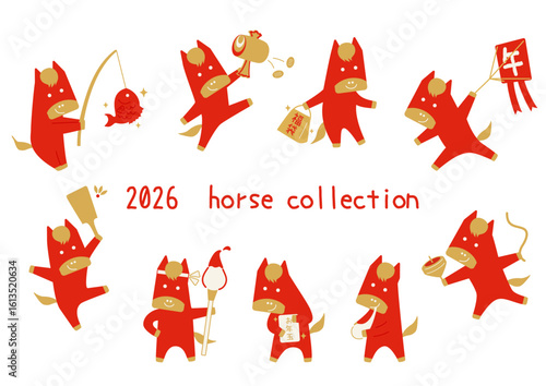 年賀用/縁起物とシンプルな赤い馬のキャラクターイラストセット