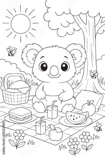 Simple line drawing of a koala sitting on a picnic blanket with fruits, juice boxes, and sandwiches around. Surrounded by trees, bees, and flowers on a sunny day. A coloring book page for kids, with