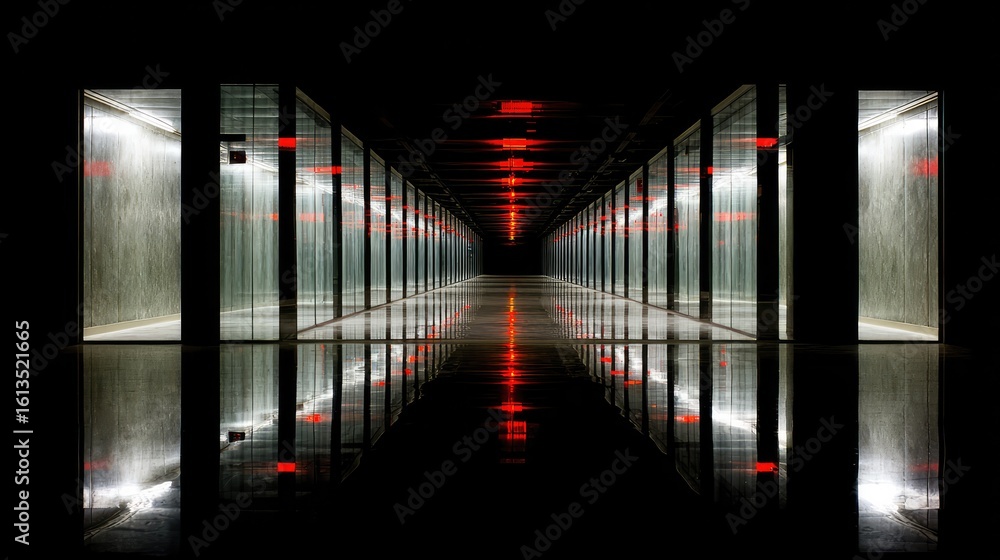 Fototapeta premium Infinite mirror corridor with ominous red warning lights flashing at the vanishing point.