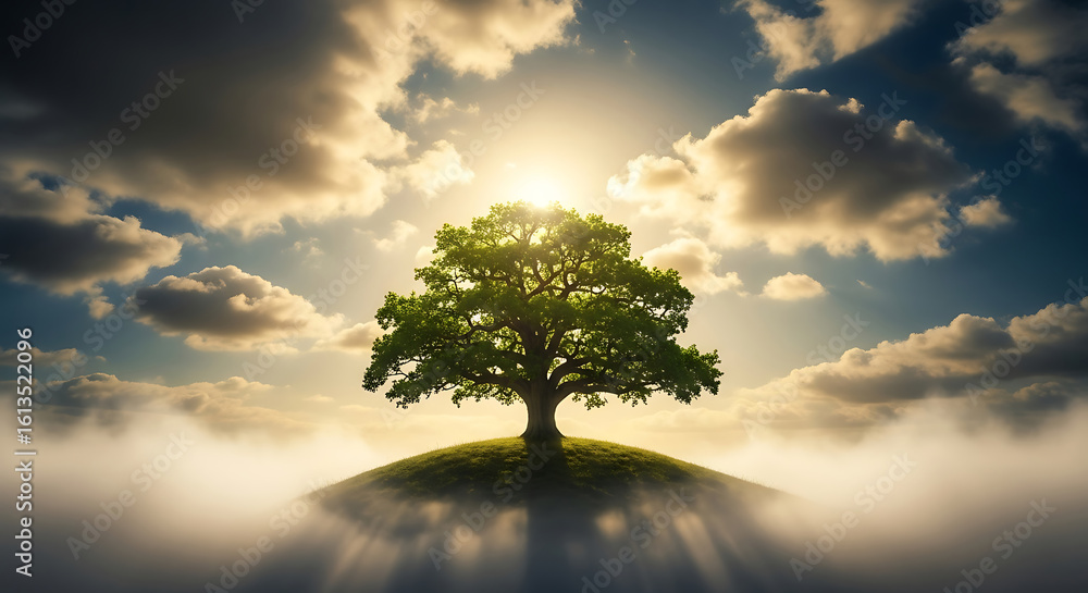 Obraz premium Majestic oak tree standing on a grassy hill with sunlit sky.