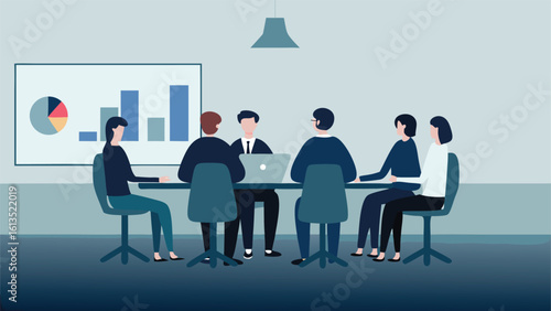 People sitting around a conference table with a presentation screen in the background showing charts
