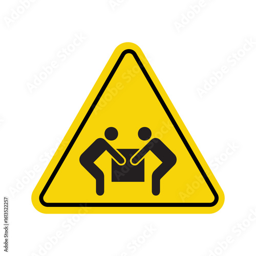 Yellow triangular warning sign with two figures carrying a heavy box