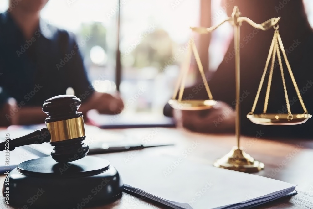 Fototapeta premium Judge's gavel and scales of justice resting on a wooden desk during a court hearing