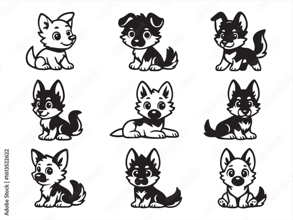 Obraz premium Cute Husky Puppy Clipart Bundle – 9 Black & White Cartoon Dogs