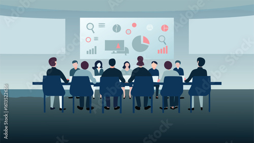 Group of people sitting around a table in a meeting room with presentation on the screen behind them