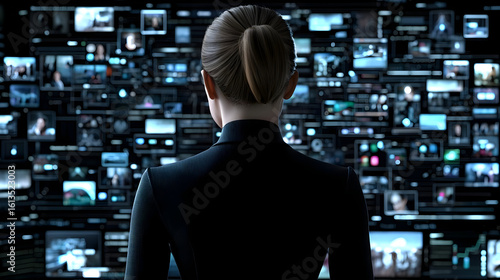 Woman facing a large wall of digital data.  Many screens displaying various information types, including images, graphs, and potentially video feeds.  A sense of technological complexity and oversight