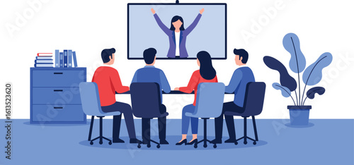 Business team in video conference with virtual participant, modern meeting setup, office interior, cad drawing flat vector illustration