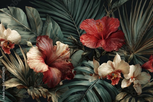 Wallpaper Mural Tropical Flowers and Foliage Arrangement. Torontodigital.ca