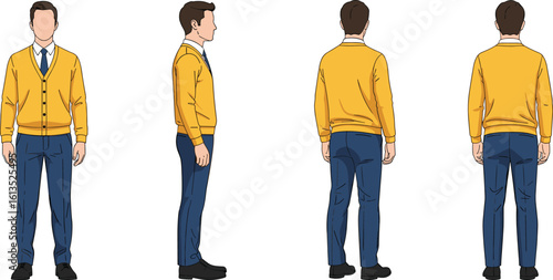 Four-angle view of man in yellow cardigan and blue trousers with white shirt and tie, formal cad vector illustration