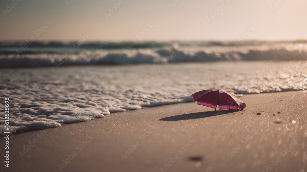 Sunny beach with gentle waves and a single umbrella under warm golden hour light. Sunny beach with gentle waves and a single umbrella under warm golden hour light.