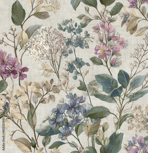 vintage botanical embroidery seamless pattern on linen background