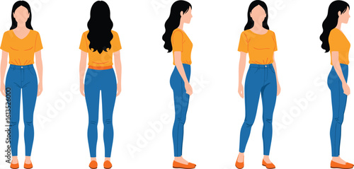 Multi-angle view of woman in orange shirt and high-waist jeans with sneakers, casual fashion character cad vector illustration
