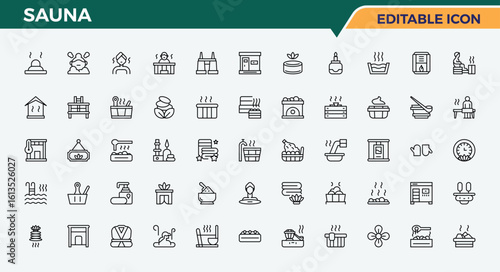 Sauna line icon set. Therapy icon set. Minimal icons pack. Pictograms of wellness, massage, sauna hat, relaxation, spa, heater, steam room and more. Editable stroke.