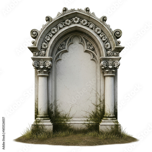  ornate gothic stone archway with columns and decorative carvings, isolated on transparent background