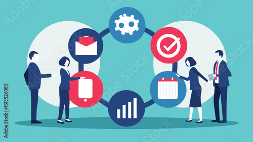 Business team collaborating with icons representing tasks and workflow in a circular arrangement design
