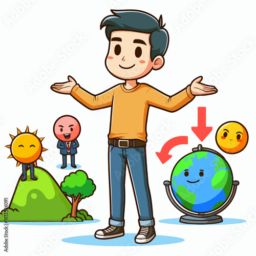 Cartoon figure,  portraying a presentation of  global view,  with elements of nature and business.