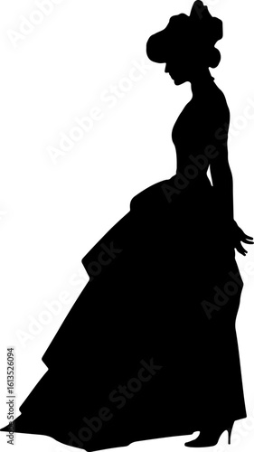 The image shows a silhouette of a woman in a long dress and a large hat, suggesting a vintage or historical style, standing in profile view with her head slightly bowed.