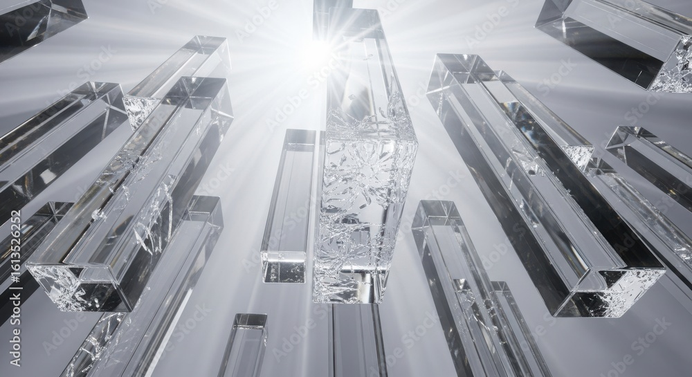 Obraz premium Abstract Crystal Structures Ascending Towards Bright Light Source