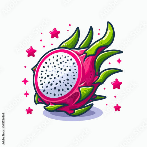 Stylized and vibrant illustration of a dragon fruit half, decorated with stars and bold colors.  It showcases a playful graphic design style.