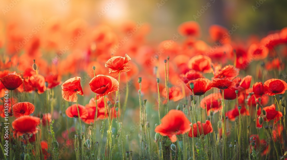 Fototapeta premium Vibrant red poppies glowing under the golden light of a sunset.