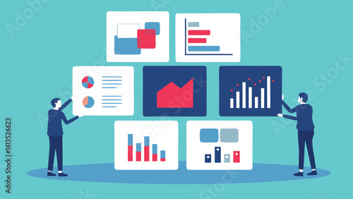Two people holding data charts and graphs with various statistical representations on a blue background