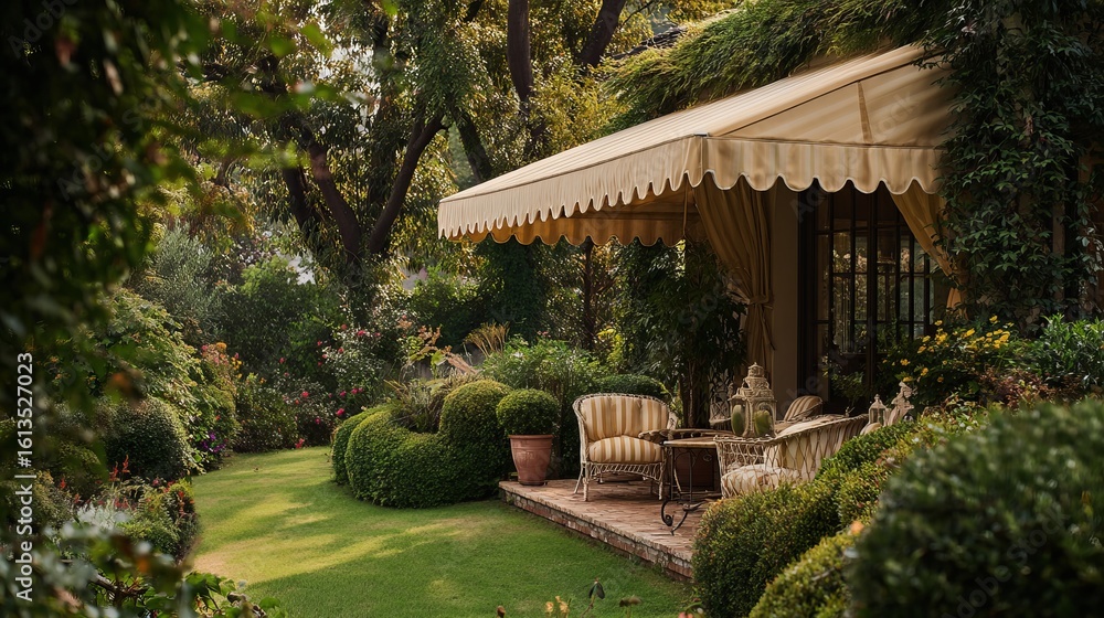 Obraz premium A serene garden patio adorned with elegant furniture, surrounded by lush greenery and blooming flowers.
