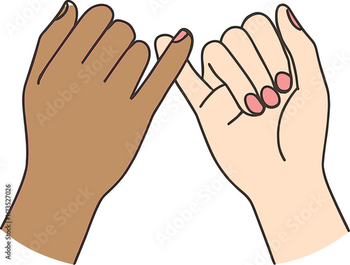 Two hands making pinky promise gesture with painted nails, emotional bond concept, cad drawing flat vector illustration, friendship symbol