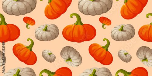 Cozy Pattern with Colorful Pumpkins. Design Seamless Autumn-Themed Background Reflecting Seasonal Harvest Pumpkin.