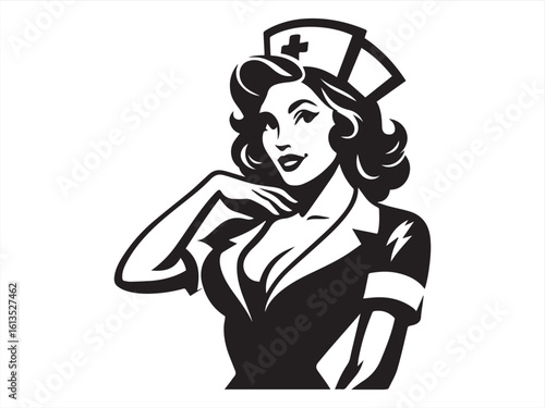 Vintage Nurse Cartoon Illustration – Pinup Style Medical Woman Drawing in Black and White