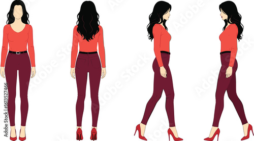 Woman in red top and maroon pants – front, back, and side views for fashion or character design, cad drawing vector illustration