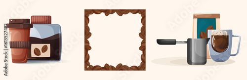  Illustration Set with Coffee Cups, Storage Jar, Frame, and Coffee Accessories. Vector Coffee Collection of Compositions and a Square-Themed Frame