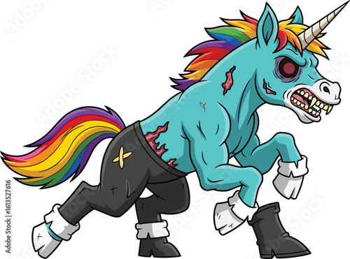 Zombie unicorn character with rainbow mane, aggressive teeth, decayed flesh, cartoon vector artwork, fantasy horror mascot, grunge clipart design