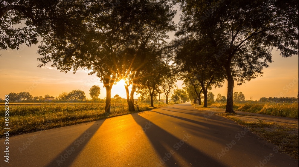 Sunset over a quiet country road with warm golden tones and long tree shadows. Sunset over a quiet country road with warm golden tones and long tree shadows.