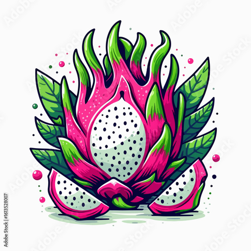 Vibrant artistic graphic design of a dragon fruit, with stylized leaves, slices, and colorful details.  The fruit is depicted in vibrant colors on a white backdrop.