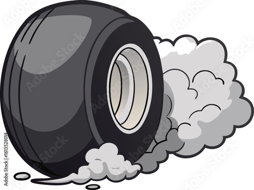 Black tire emitting smoke grey white
