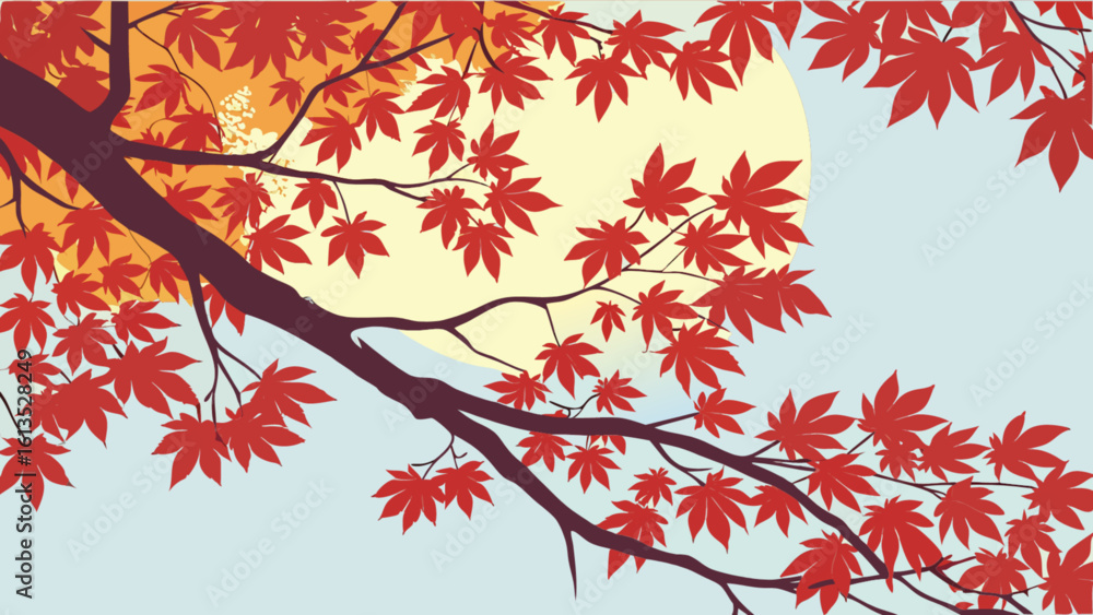 Beautiful autumn scene with red maple leaves and branches against a soft sky background vector art Beautiful autumn scene with red maple leaves and branches against a soft sky background vector art