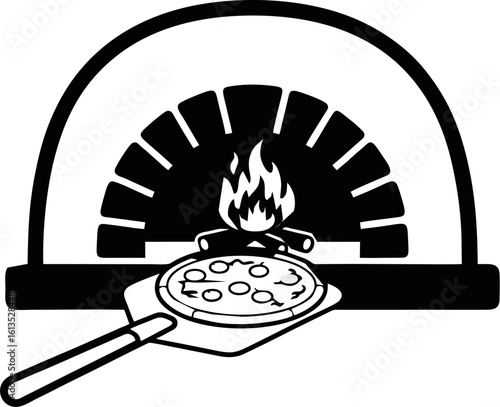 Minimalist Pizza Oven with Wood Fire and Pizza on Peel Icon