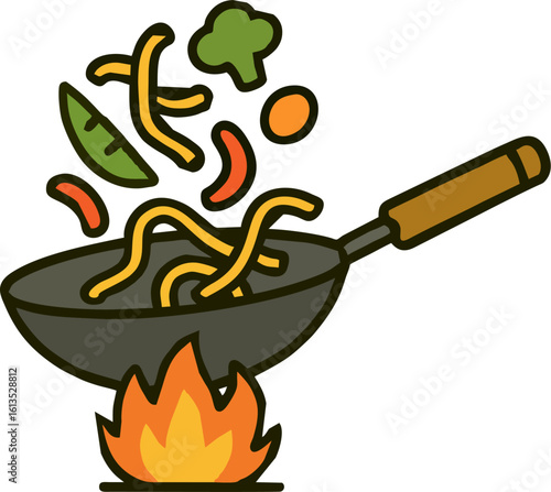 Dynamic Wok Stir-Frying Noodles and Vegetables with Fire Illustration