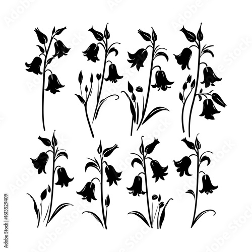 Set of Bluebell Flower Silhouette clipart on white background