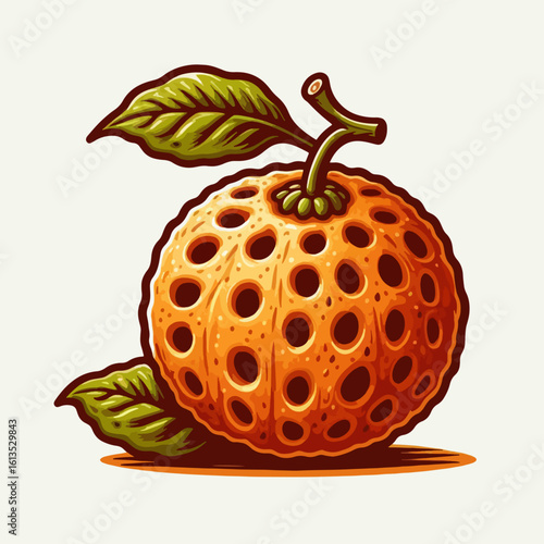 A stylized, cartoonish illustration of a bright orange fruit with numerous circular holes, featuring green leaves and a stem.